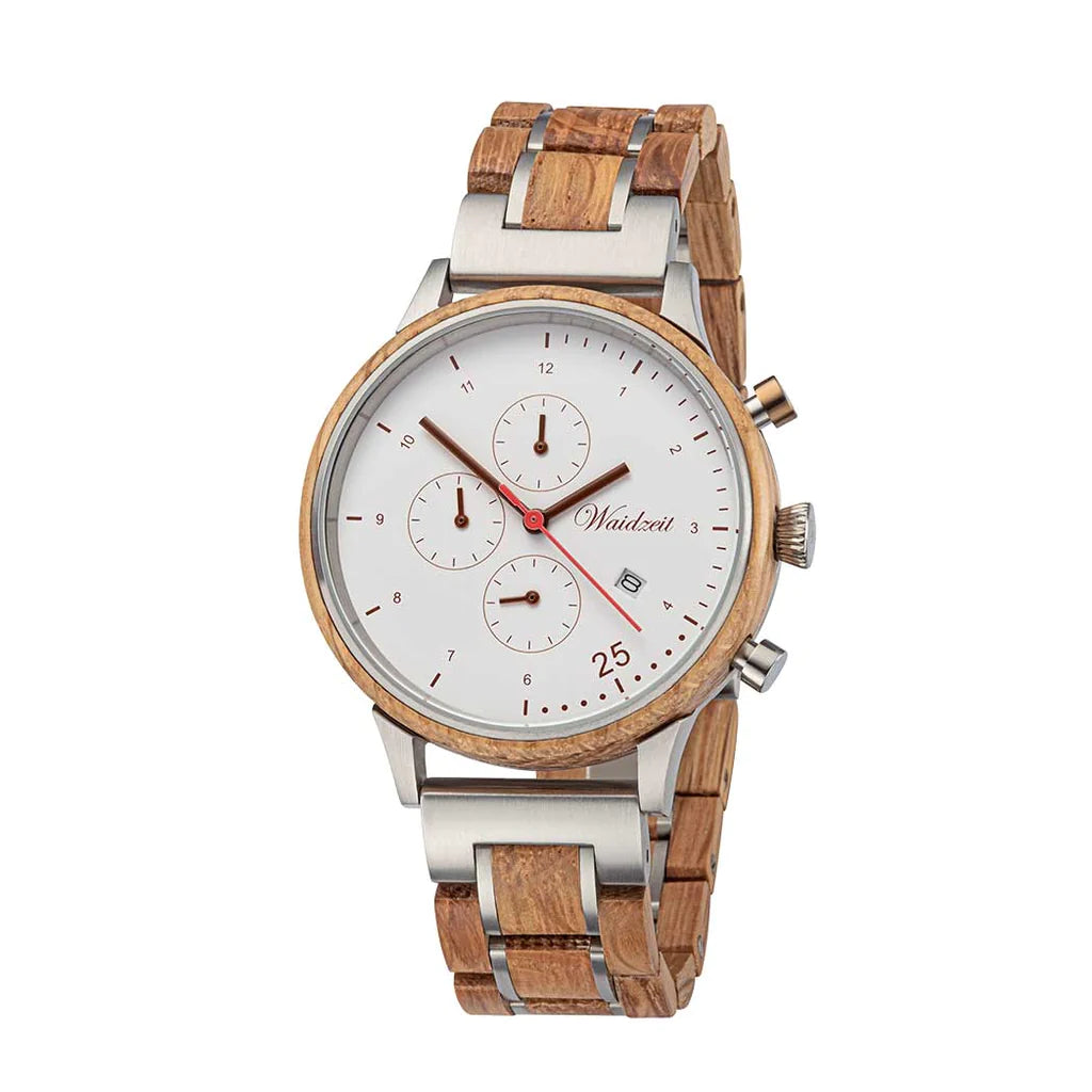 Chronograph Barista Bianco watch with wooden strap men