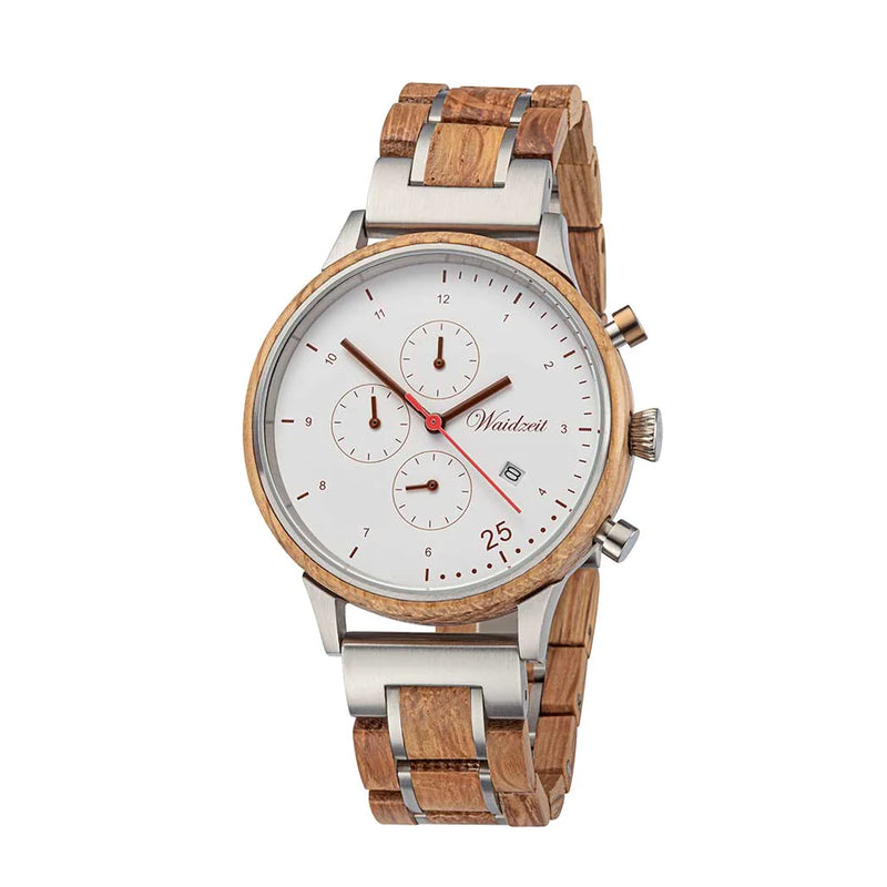 Chronograph Barista Bianco watch with wooden strap men