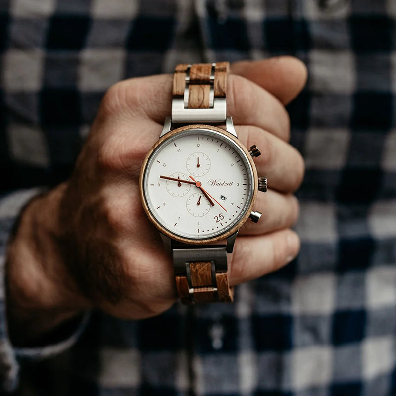 Chronograph Barista Bianco watch with wooden strap men