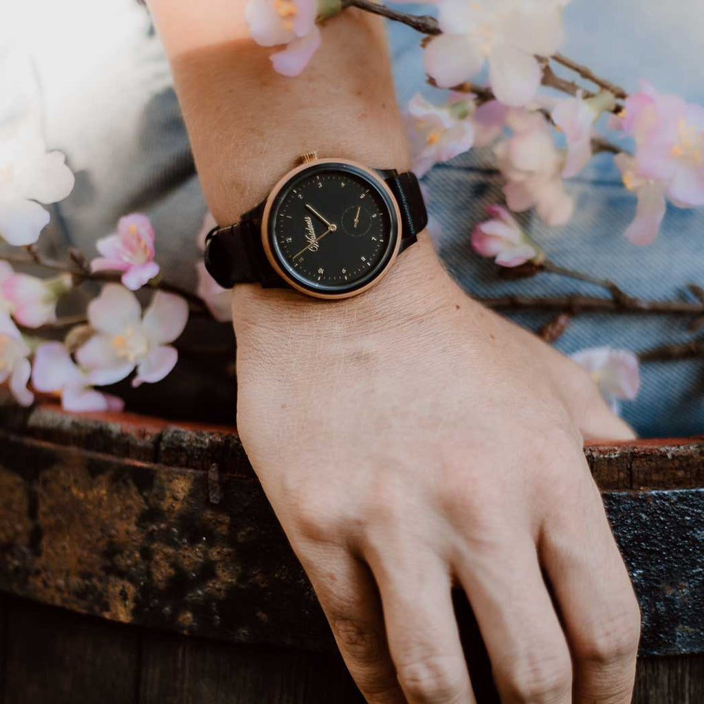 Cherry Black leather strap, lady watch