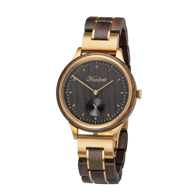 Waidzeit mystic lady watch wooden watch wooden wristwatch bog oak golden dial lady gift giftforher Austrian Design