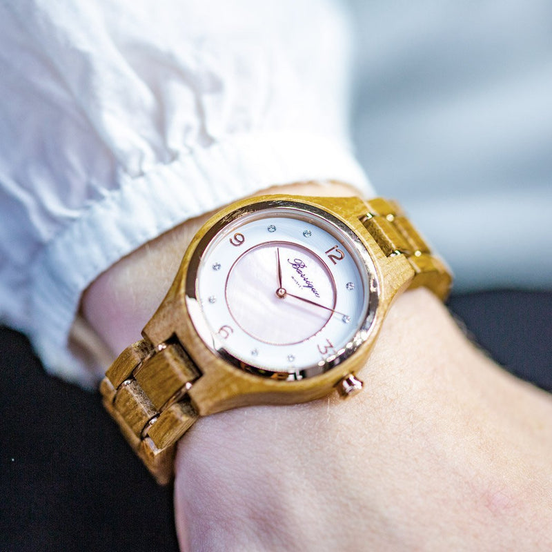 Waidzeit wooden watch lady watch barrique wine barrel oak nacre dial crystal stones blue dial gift sustainability sustainable for her