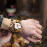 Waidzeit wooden watch lady watch barrique wine barrel oak nacre dial crystal stones blue dial gift sustainability sustainable for her