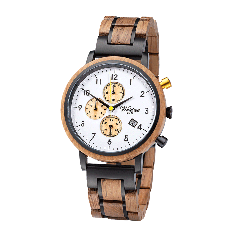 Waidzeit-Holzuhr-Gold-Gin-Wacholderholz-Armbanduhr-Uhr-Holzarmbanduhr-Holzarmband-Barrique-Weinfass-Chronograph