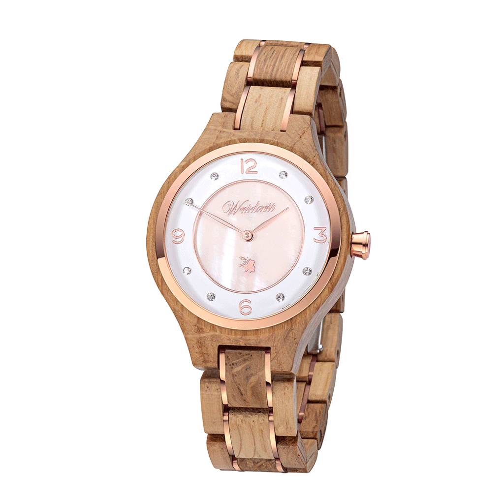 Waidzeit wooden watch lady watch barrique wine barrel oak nacre dial crystal stones blue dial gift sustainability sustainable for her