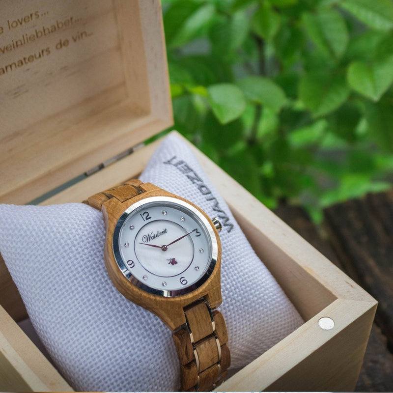 Waidzeit Design Wine princess nacre dial crystals Austrian Design Barrique wine barrel giftidea gift for her upcycling wooden watch lady watch