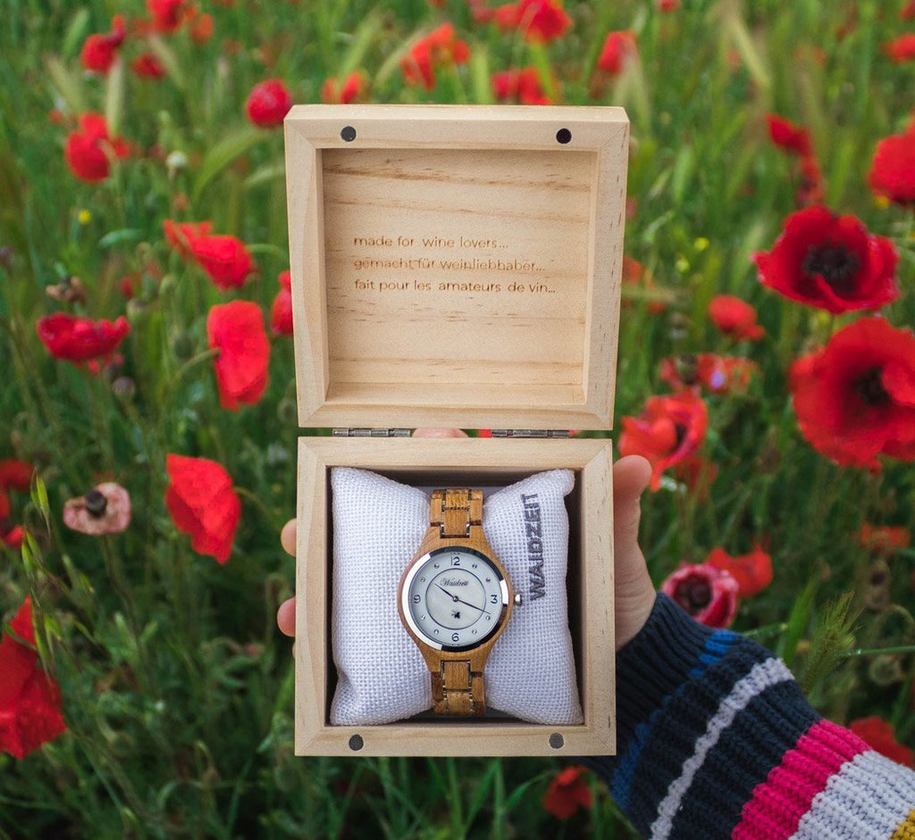 Waidzeit Design Wine princess nacre dial crystals Austrian Design Barrique wine barrel giftidea gift for her upcycling wooden watch lady watch