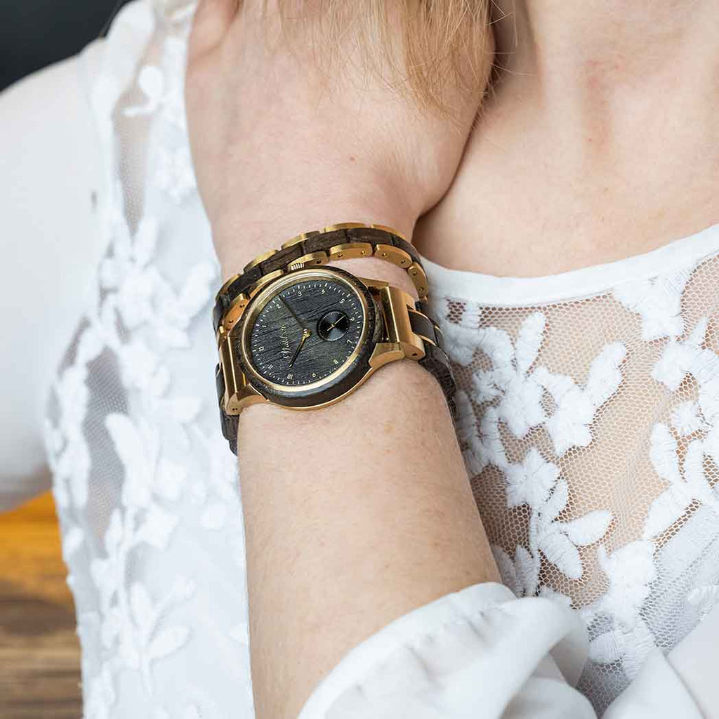 Waidzeit mystic lady watch wooden watch wooden wristwatch bog oak golden dial lady gift giftforher Austrian Design